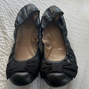 Tahari Villa Black Leather Ballet Flats with Bow